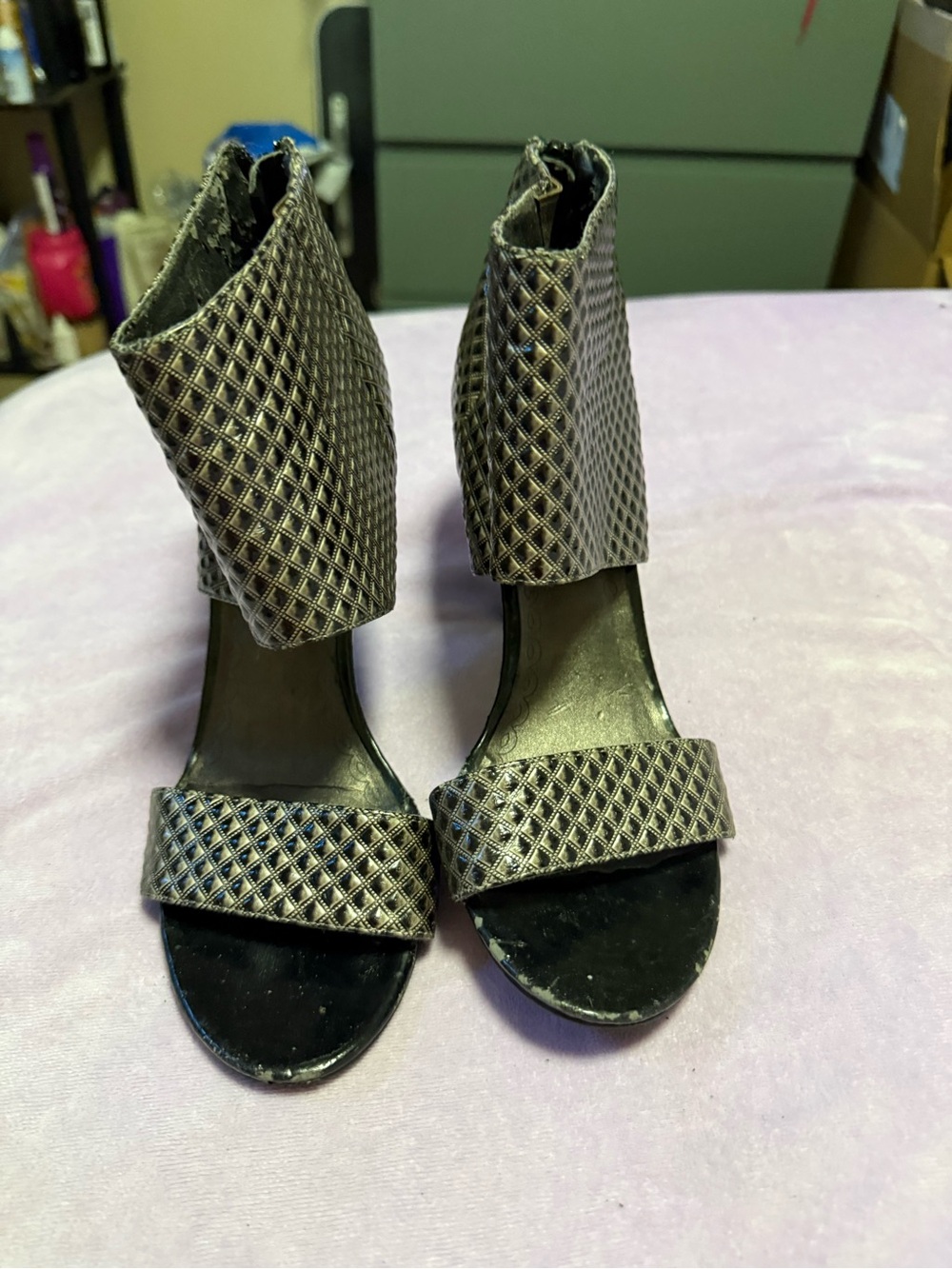 Kaari Blue Metallic Textured Ankle Cuff Heels - Silver